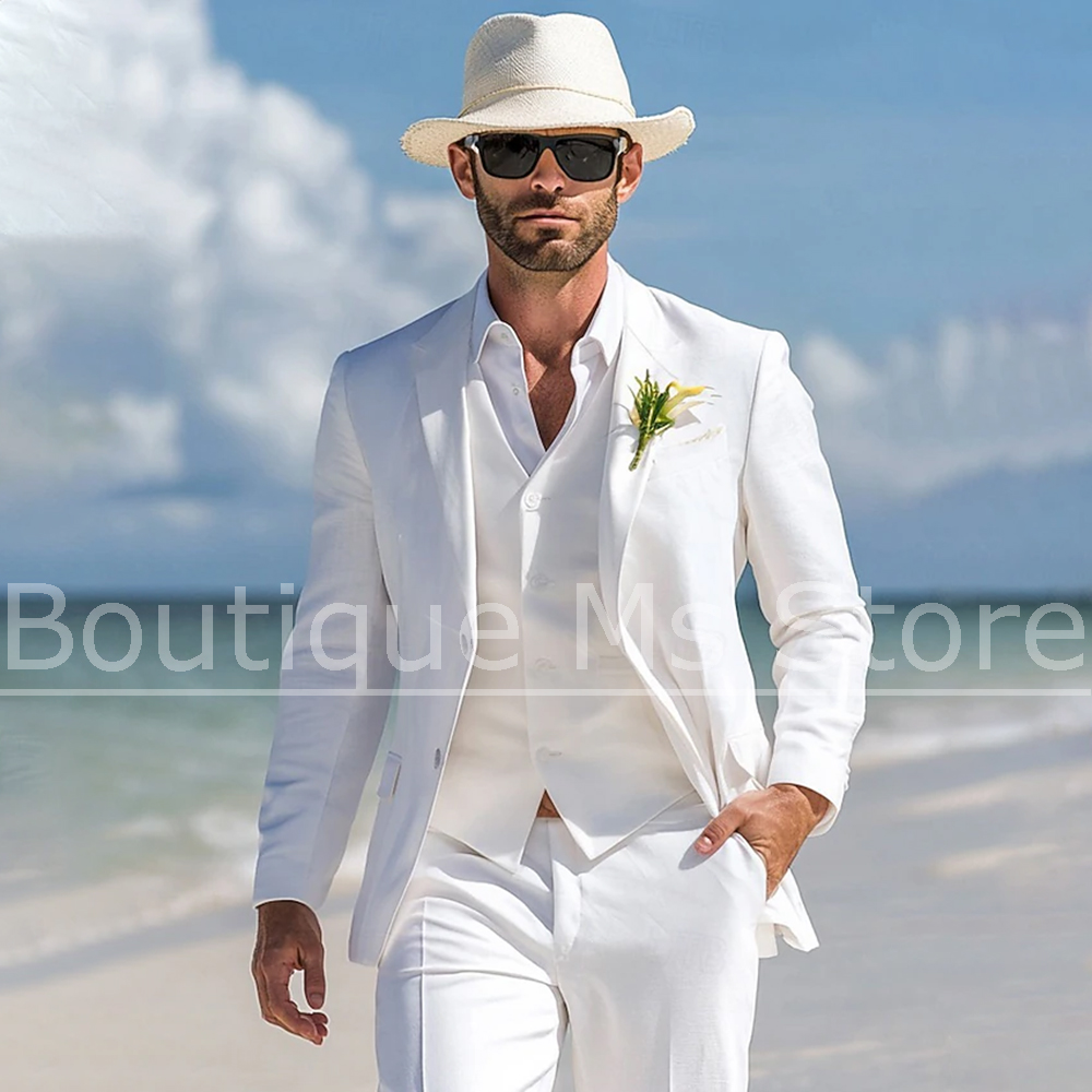 Men Linen Formal Wear - Мужской белый льняной костюм-тройка с однобортным
