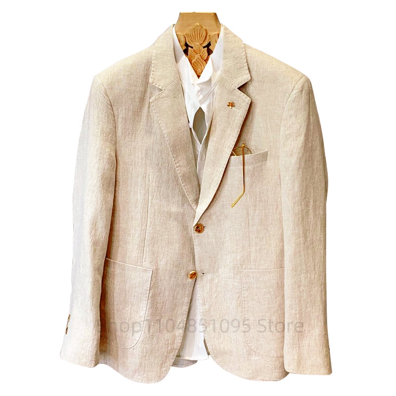 Men Linen Formal Wear - Бежевые мужские льняные пиджаки и блейзеры: