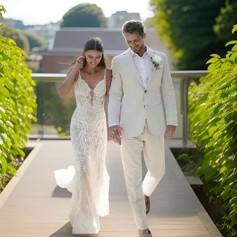Men Linen Formal Wear - Льняной свадебный смокинг для мужчин, летние