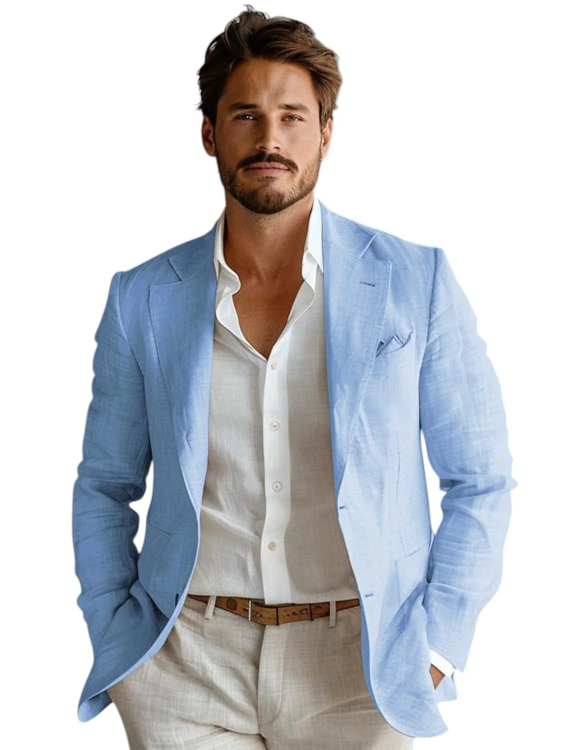 Men Linen Formal Wear - Синий приталенный мужской льняной пиджак для