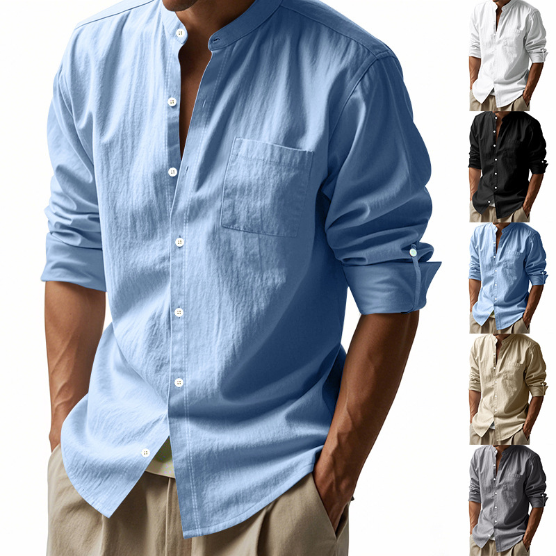 Men Linen Formal Wear - Мужская льняная рубашка с воротником-стойкой, модные